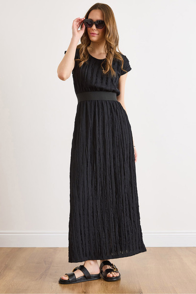 Olalook Rochie neagră de damă, cu gât tip bicicletă, cu talie elastică, textu...