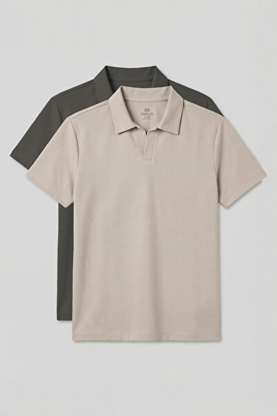 TOMMY LIFE Ανδρικό T-Shirt Casual Form Polo Collar 2-pack Χακί-Μπεζ - 88496
