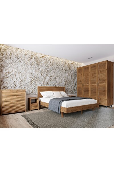 RENAZZO Ebruli Masif Çam Yatak Odası Takımı - 6 Kapaklı Gardırop, Şifonyer, K...