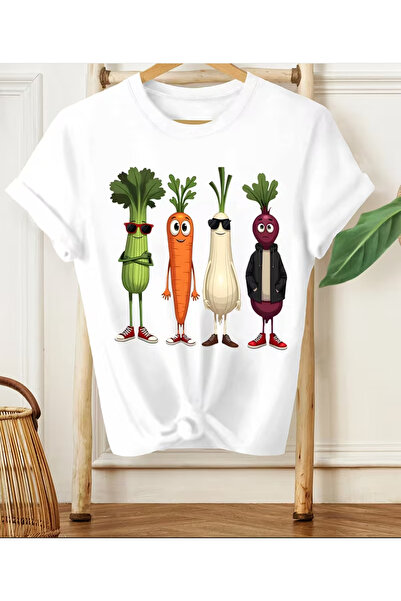 LİNA06 Women's Summer Short Sleeve T-Shirt - Vegetable Print Round Neck Blous...