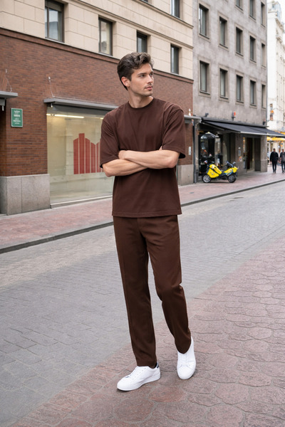 YAKAMEL Men's Unprinted Basic Short Sleeve Summer Combed Cotton Tracksuit Set