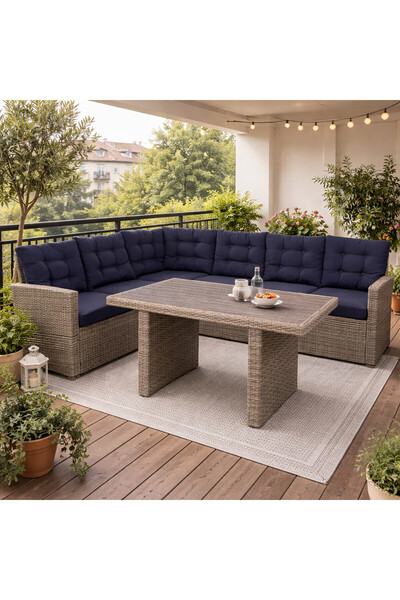 ENLIS Bej Rattan Köşe Oturma Grubu Bahçe Balkon L Koltuk Seti Minderli Masa D...
