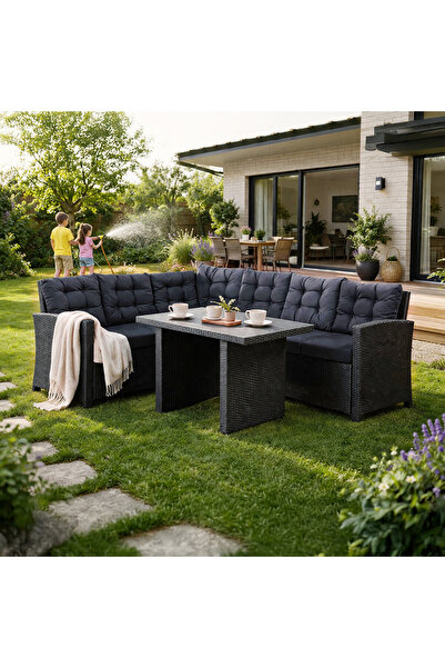 ENLIS Siyah Rattan Köşe Oturma Grubu Bahçe Balkon L Koltuk Seti Minderli Masa...
