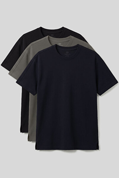 TOMMY LIFE Ανδρικό T-Shirt Rahat Form O-Neck 3-pack σε Μαύρο-Χακί-Ναυτικό Μπλ...