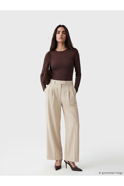 LC Waikiki Lcw Vision Beige Loose Fit Women's Pleated Fabric Pants with Nevav...