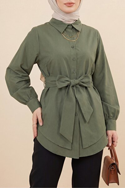 Modamorfo Self-Tied Belted Poplin Tunic -Khaki