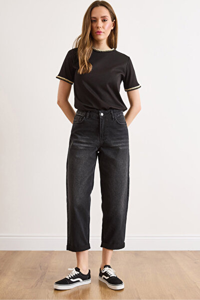 Olalook Women's Black Folded-Cuff Washed Jeans with Pockets Jea-19000130