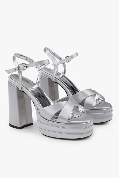 Shoeberry Women's Eliva Silver Satin Platform Heeled Shoes