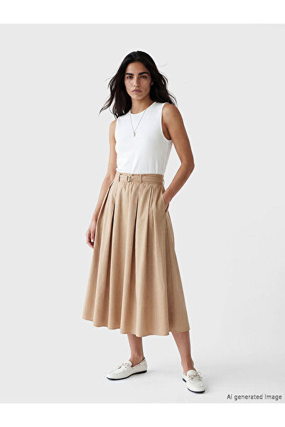 LC Waikiki NEVAVM Farkıyla LCW Vision Ecru οβάλ φόρεμα με πιέτες και ζώνη στο...