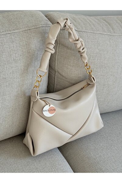 BAGLOVİS Women's Cream Drawstring Shoulder Bag with Gold Chain Detail, Soft L...