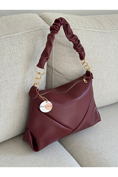 BAGLOVİS Women's Burgundy Drawstring Shoulder Bag with Gold Chain Detail, Sof...