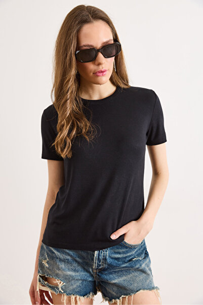 Olalook Γυναικείο μαύρο ελαστικό μπλουζάκι με λαιμόκοψη ποδηλάτου, μαλακής αφ...