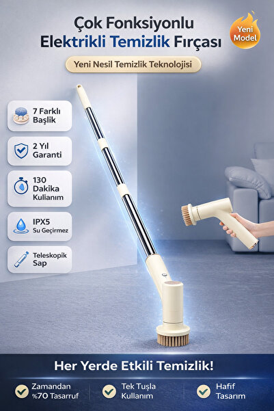MOPPAK Elektrikli Temizlik Fırçası Şarjlı Mop Seti 7 Başlıklı Teleskopik Sapl...