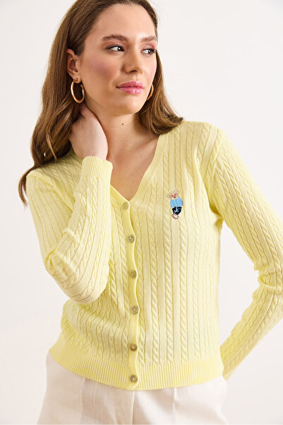 Olalook Women's Yellow V-Neck Buttoned Embroidery Detailed Hair Knitwear Card...
