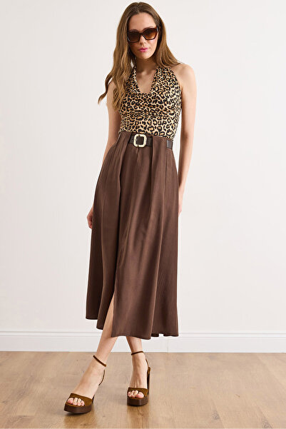 Olalook Kadın Kahverengi Pile Detaylı Yırtmaçlı Kemerli Modal Etek ETK-19000414