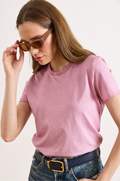 Olalook Γυναικείο ροζ μπλουζάκι με λαιμόκοψη ποδηλάτου, ελαστικό, πλυμένο βαμ...