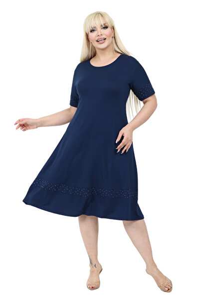 MELSAY Women's Navy Blue Stone Printed Stripe Short Sleeve Midi Dress