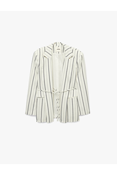 Koton Long Sleeve Striped Blazer Jacket with Pockets and Tie-Waist Detail