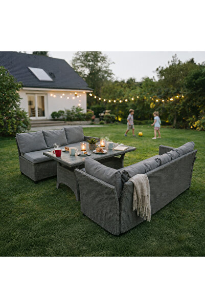 ENLIS Gri Rattan Modüler Köşe Oturma Grubu Bahçe Balkon Seti Minderli Masa Da...