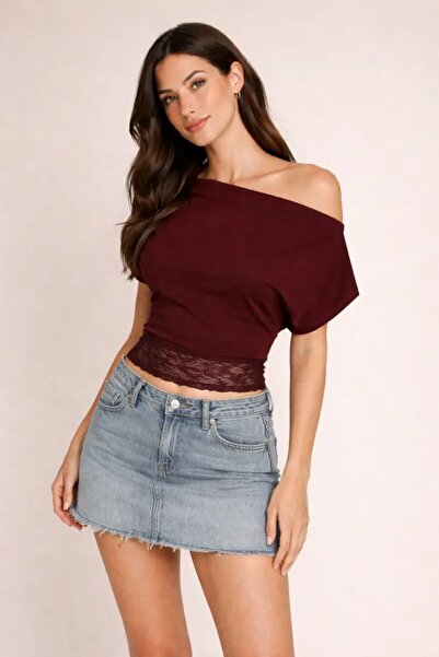 Cool & Sexy Burgundy One-Shoulder Draped Lace Detailed Women's Blouse