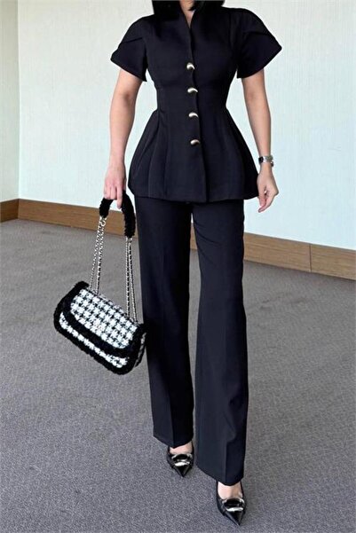 Dipmoda Women's Black Gold Button Detailed Peplum Cut Premium Suit Dpstr4423