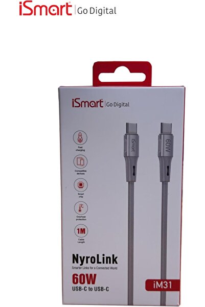 iSmart NyroLink USB-C to USB-C Cable, 60W Fast Charging, 1 Metre, Grey