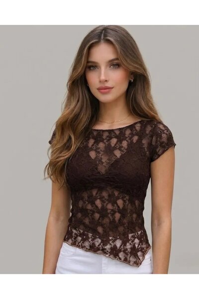 Cool & Sexy Brown Lace Boat Neck Asymmetrical Cut Blouse