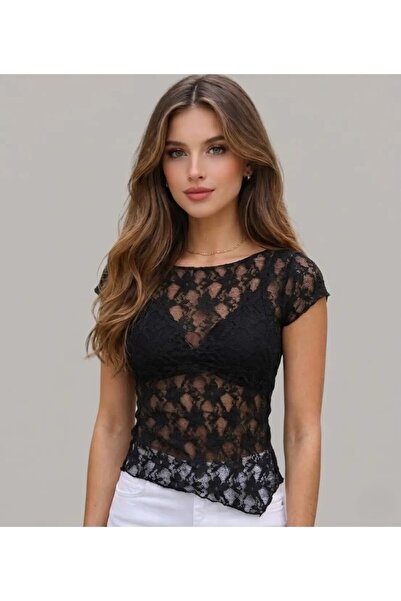 Cool & Sexy Black Lace Boat Neck Asymmetrical Cut Blouse