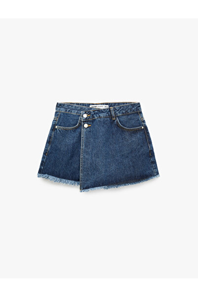 Koton Asymmetrical Cut Buttoned Comfortable Fit Cotton Denim Mini Shorts Skirt