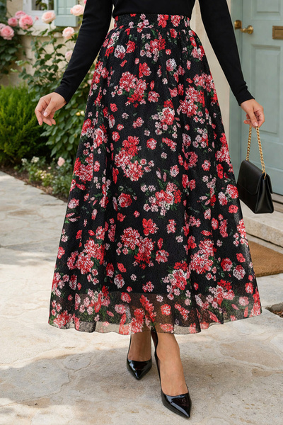 benguen Δαντελένια φούστα με στάμπα N2694 Κόκκινη