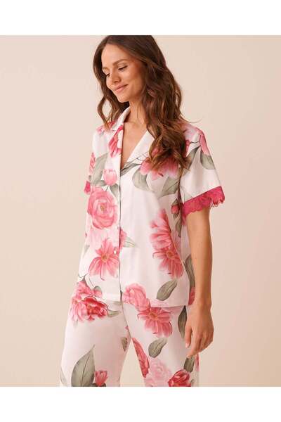 La Vie en Rose Camellia Print Lace Trim Satin Button-down Shirt