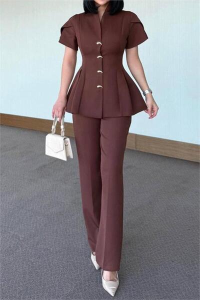 Dipmoda Women's Brown Gold Button Detailed Peplum Cut Premium Suit Dpstr4423