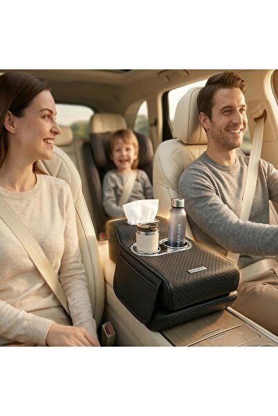AutoFamily Car Armrest Heightening Pad with Cup Holder & Tissue Box(Black)