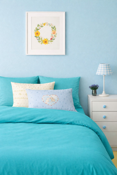 İQON طقم غطاء لحاف مسطح 100% قطن لون فيروزي-فيروزي