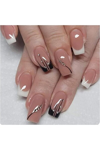 Arabest French Tip Press-On Nails, Short Square Fake Nails with Rhinestones, ...