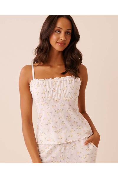 La Vie en Rose Floral Print Ruffle Hem Pointelle Cami
