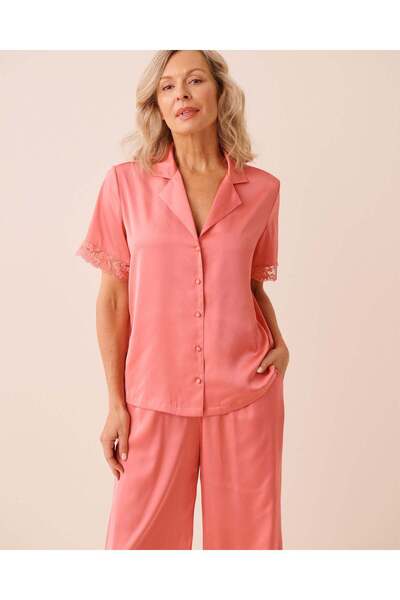 La Vie en Rose Lace Trim Satin Button-down Shirt