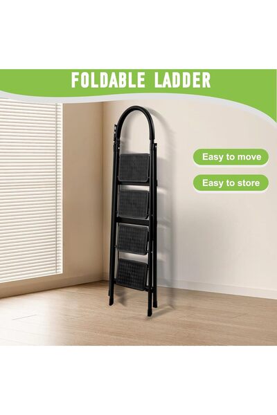 BESTONE 4 Step Black Foldable Ladder, Sturdy Steel Step Stool with Wide Non-S...