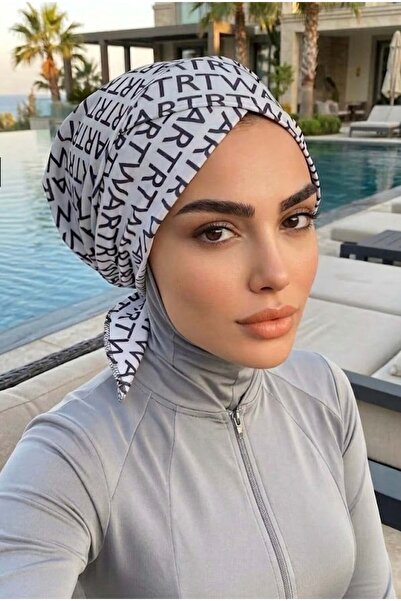 Aişe tesettür Gray Text Pattern Cross Pool - Sea Cap