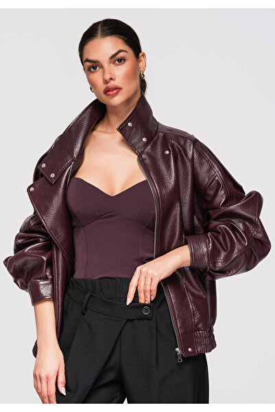 OMBRE Women's Short Leather Jacket OW-JAFL-0136 Burgundy