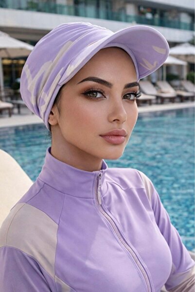 Aişe tesettür Lila Beyaz Havuz - Can Be Used on Top of a Beach Hat/Swimsuit