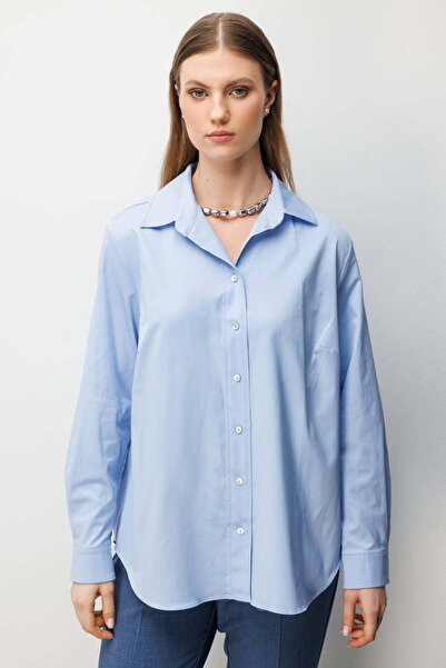 Ekol Women's Plus Size Polo Collar Cotton Shirt 2560 Blue