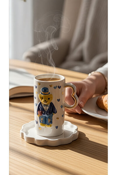 EL YAPIMI 24k Altın Süslemeli Sevimli Ayıcık Temalı Double Türk kahvesi finca...