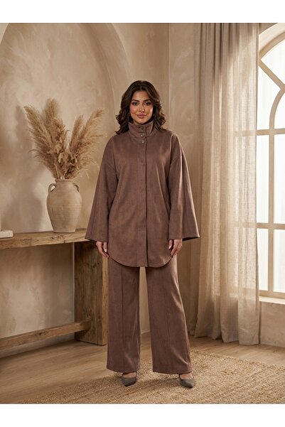 Finelook Modern Modest Suede Set for Women — High Neck Belted Abaya Style