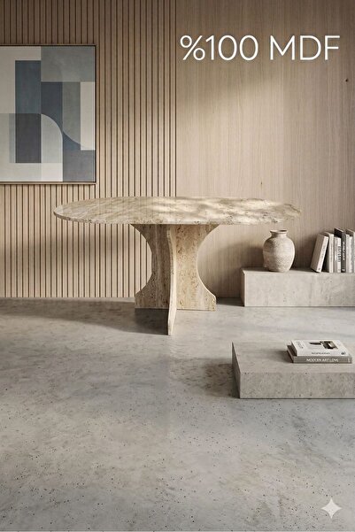 ADIM EBATLAMA Oval Salon Yemek Masası Kemer Tek Ayak 160x90-Traverten