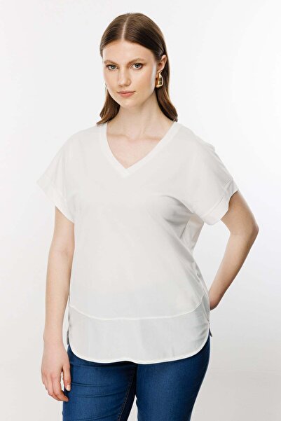 ON Дамска тениска с V-образно деколте, голям размер, 71476 Екрю