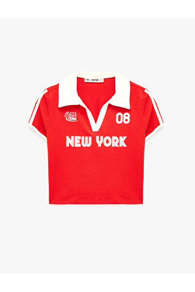 Koton Short Sleeve Printed Cotton Polo Collar Crop T-Shirt