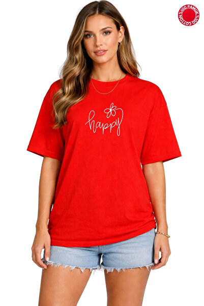 DUBU BUTİK Red Oversize Women's T-Shirt 100% Cotton Happy Printed Loose Basic...