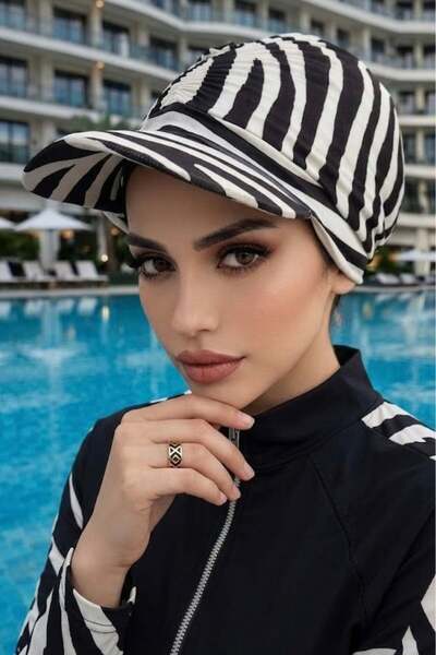 Aişe tesettür Black and White Zebra Pattern Pool - Can Be Used on a Beach Hat...