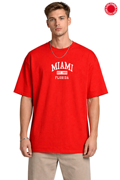 DUBU BUTİK Κόκκινο μπλουζάκι Oversize Unisex 100% βαμβακερό μπλουζάκι με στάμ...